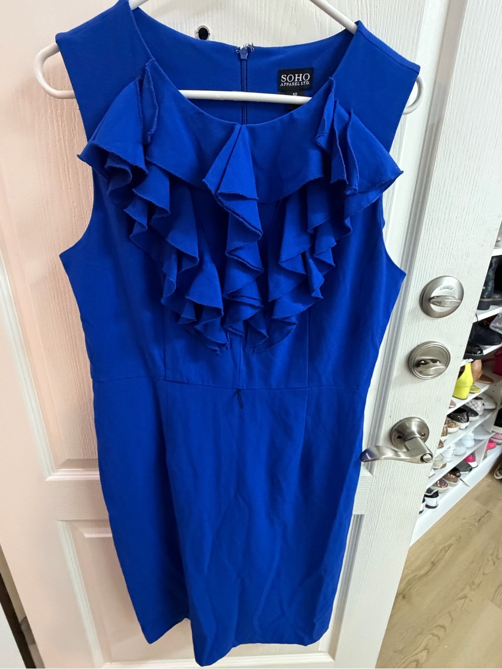 SOHO Royal Blue Ruffle Front Sheath Dress